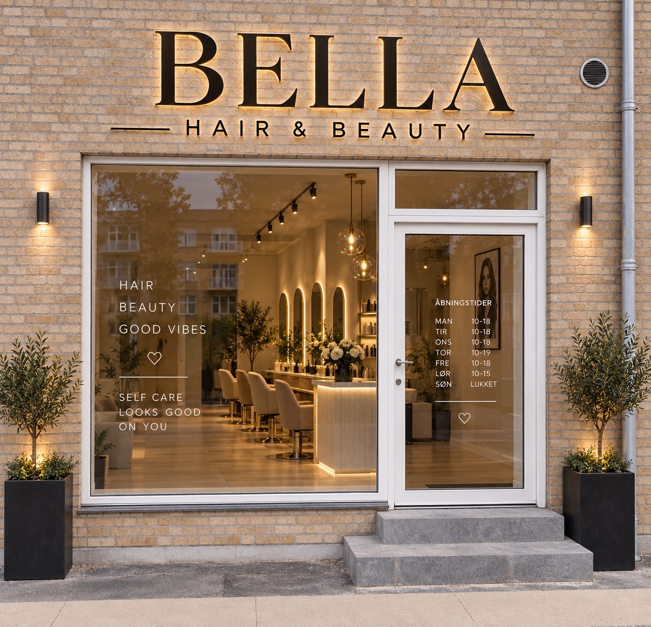 Bella Hair & Beauty facade med oplyste bogstaver over salonens vindue